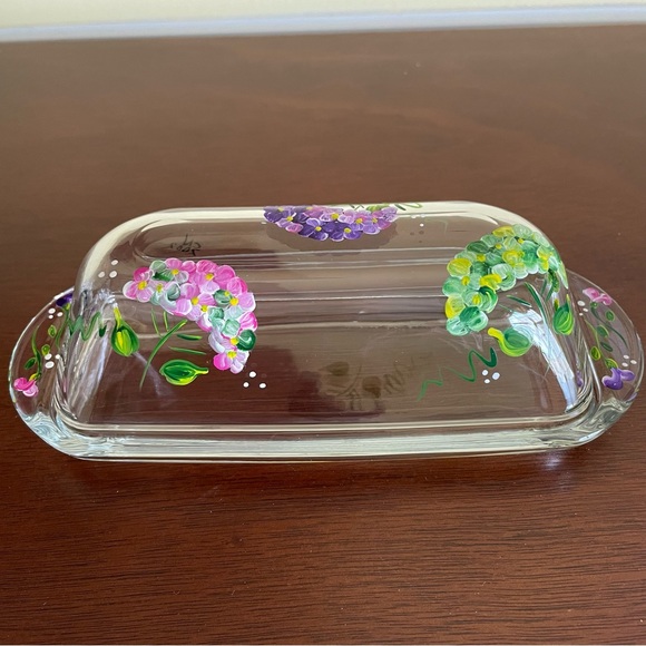 Vintage Hand Painted Flowered Glass Butter Dish With Lid - Picture 1 of 7